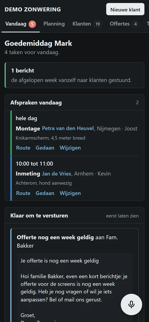Het scherm Vandaag: afspraken van vandaag en een opvolgmail die klaarstaat om goed te keuren